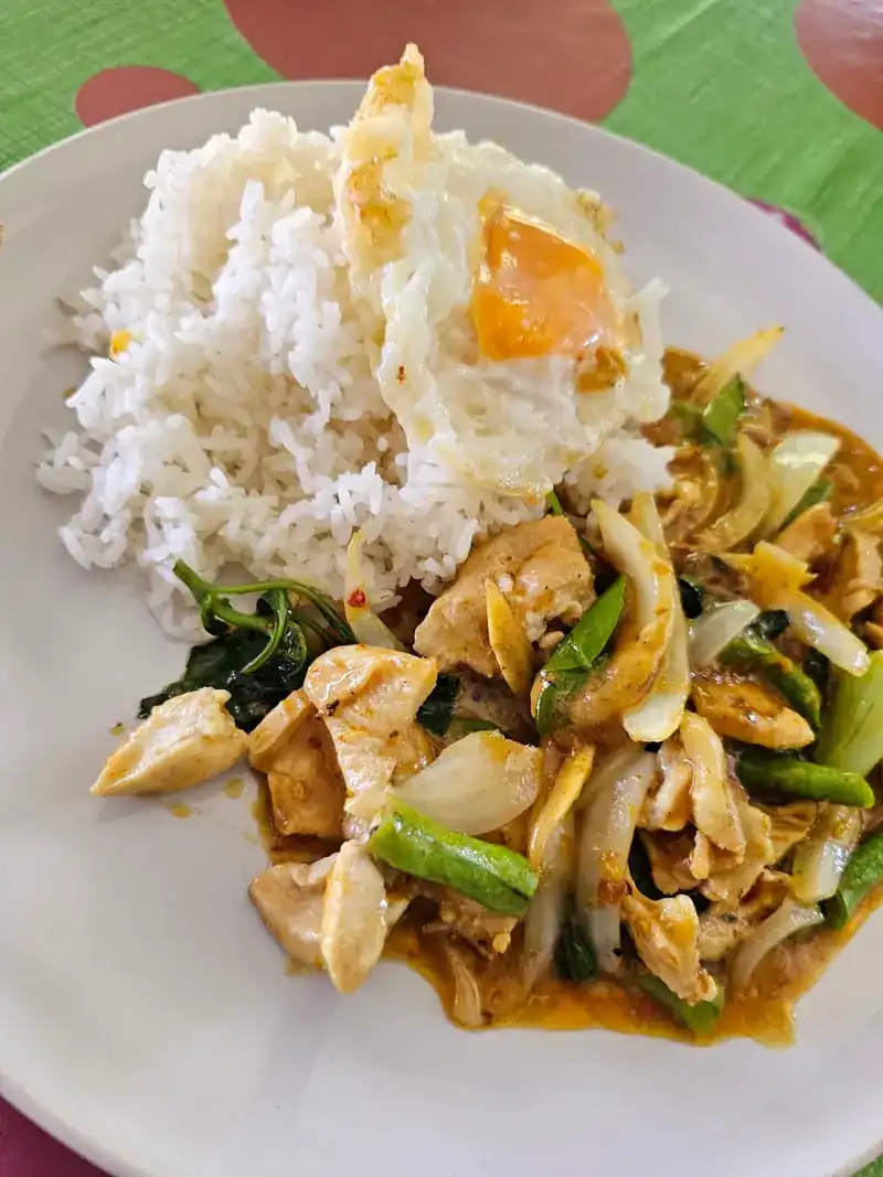 A stir-fry with long beans and onion, rice and a fried egg / ข้าวราดผัดถั่วฝักยาวกับหอมใหญ่ ไข่ดาว