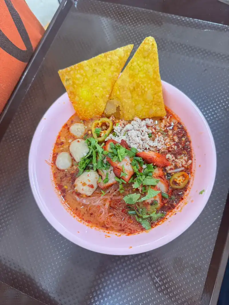 Tom yum noodle soup with crisp wonton sheets