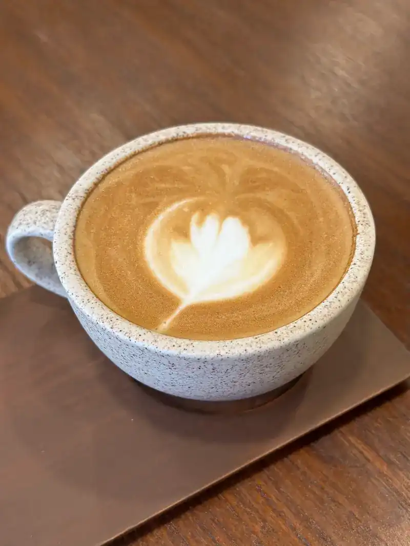 A hot coffee with latte art in a speckled cup