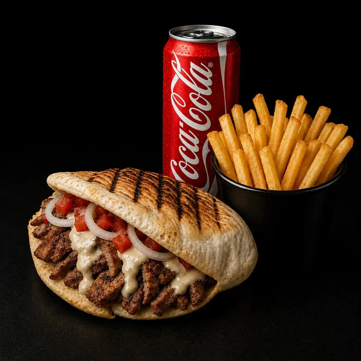 Bread pocket with dark grill stripes, filled with grilled meat, tomato and onion
