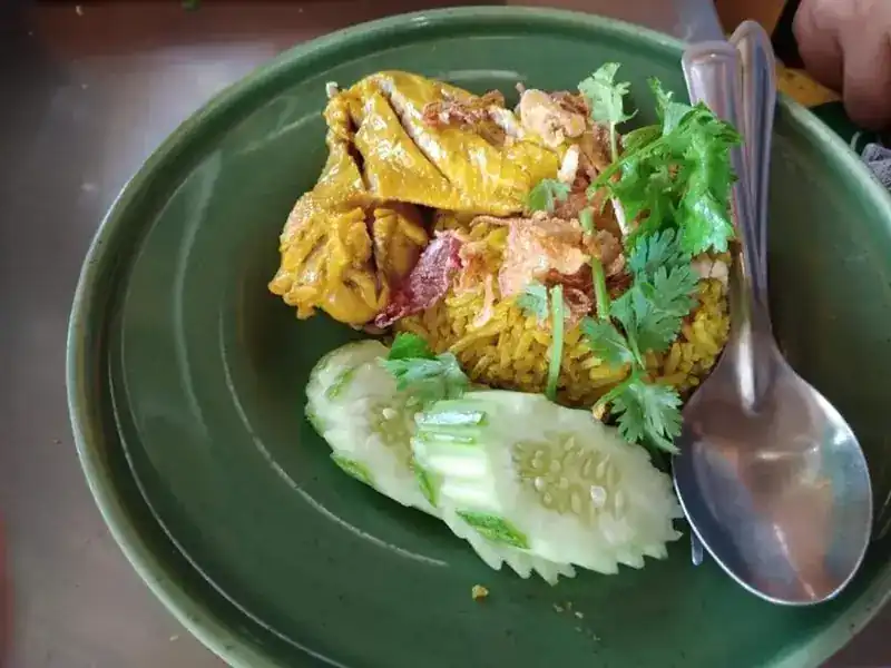 Yellow rice and chicken with cucumber, coriander and crisp fried onion on a green plate