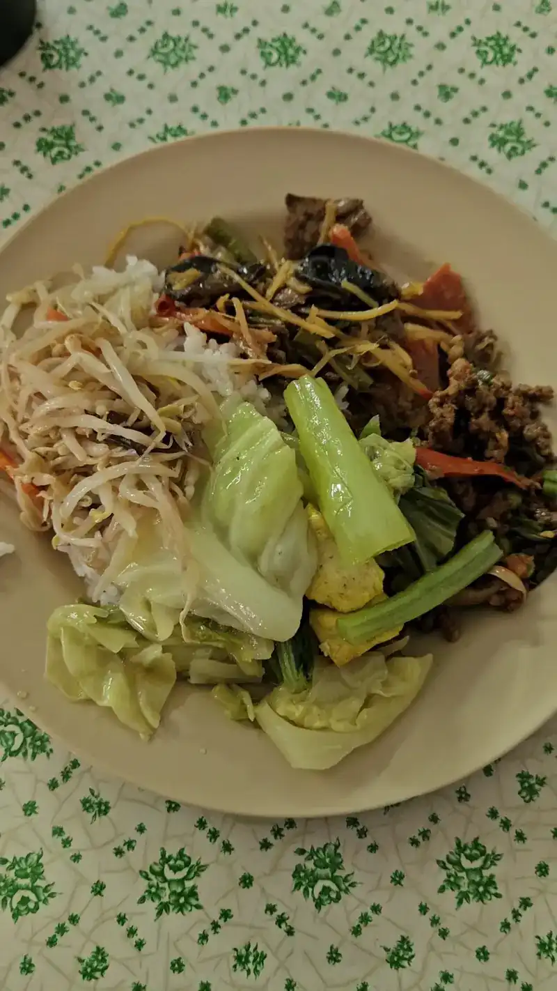 Rice with mixed stir-fried vegetables, cabbage and greens