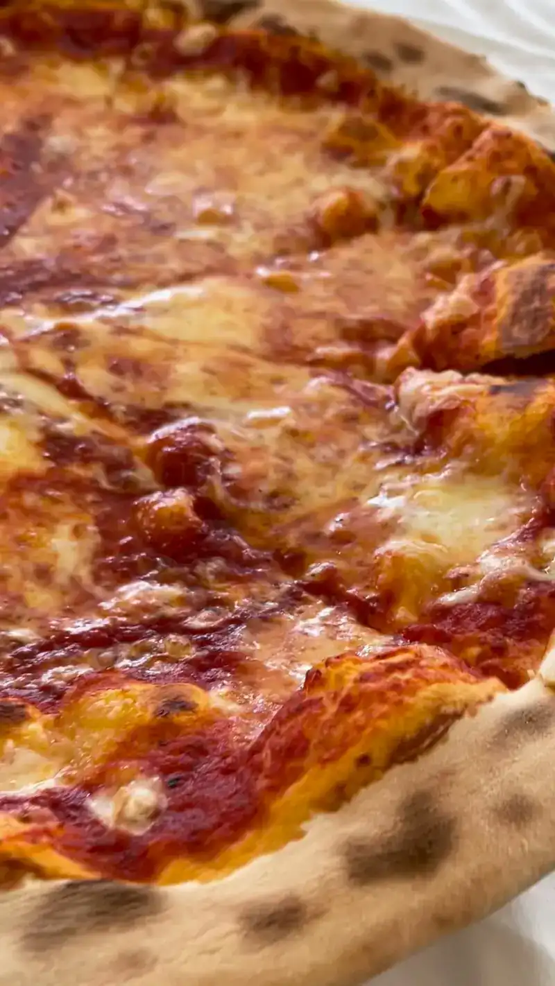 Close-up of a pizza with a blistered crust from the wood oven