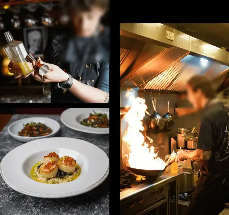 A wok in flames on the kitchen line, seared scallops on a white plate, and a bartender measuring a pour