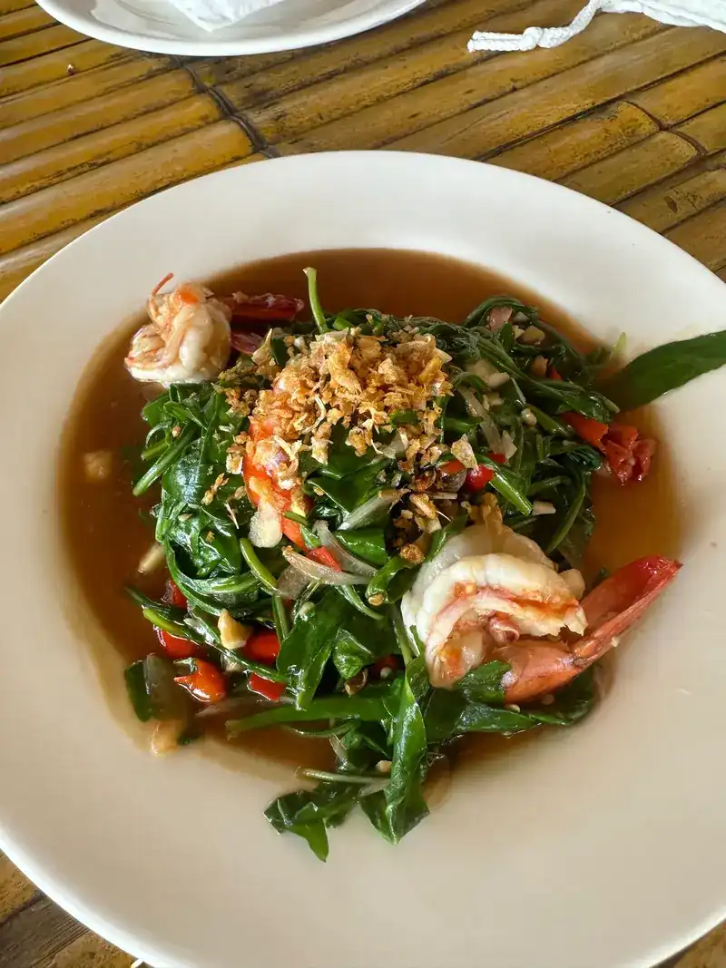 Leafy greens with prawns and chilli