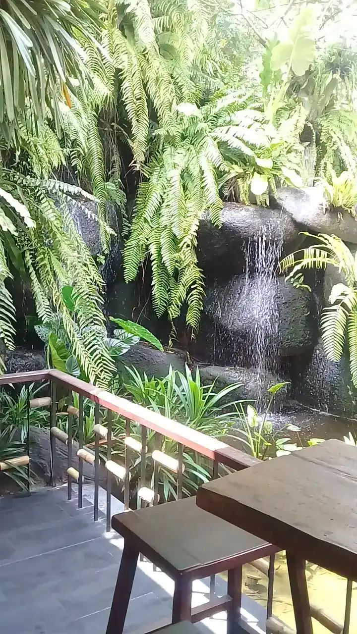 Ferns and a small waterfall beside a wooden table