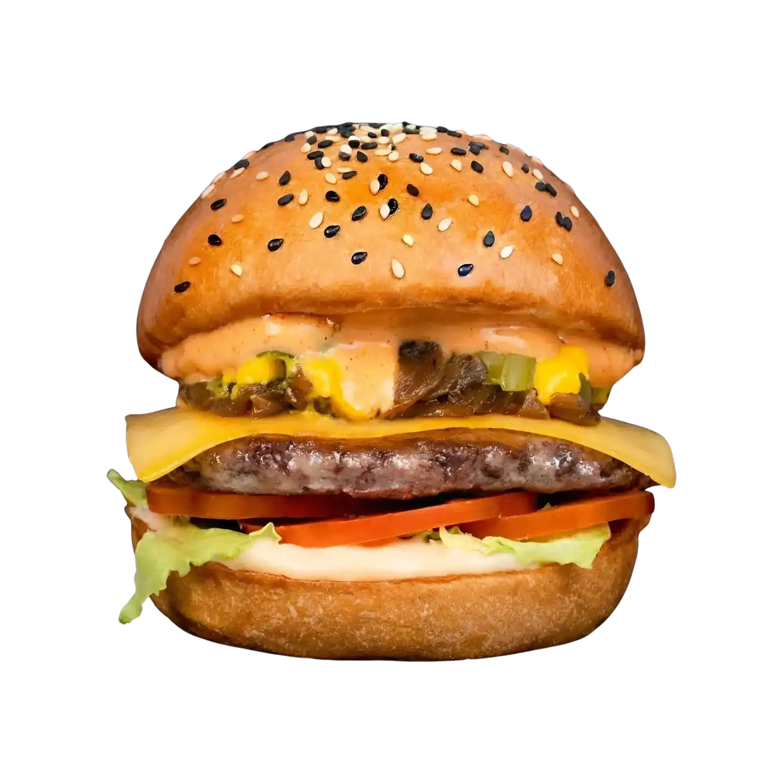 The Original Millionaire burger: beef patty, cheddar, grilled onions, pickles, tomato and lettuce in a sesame bun