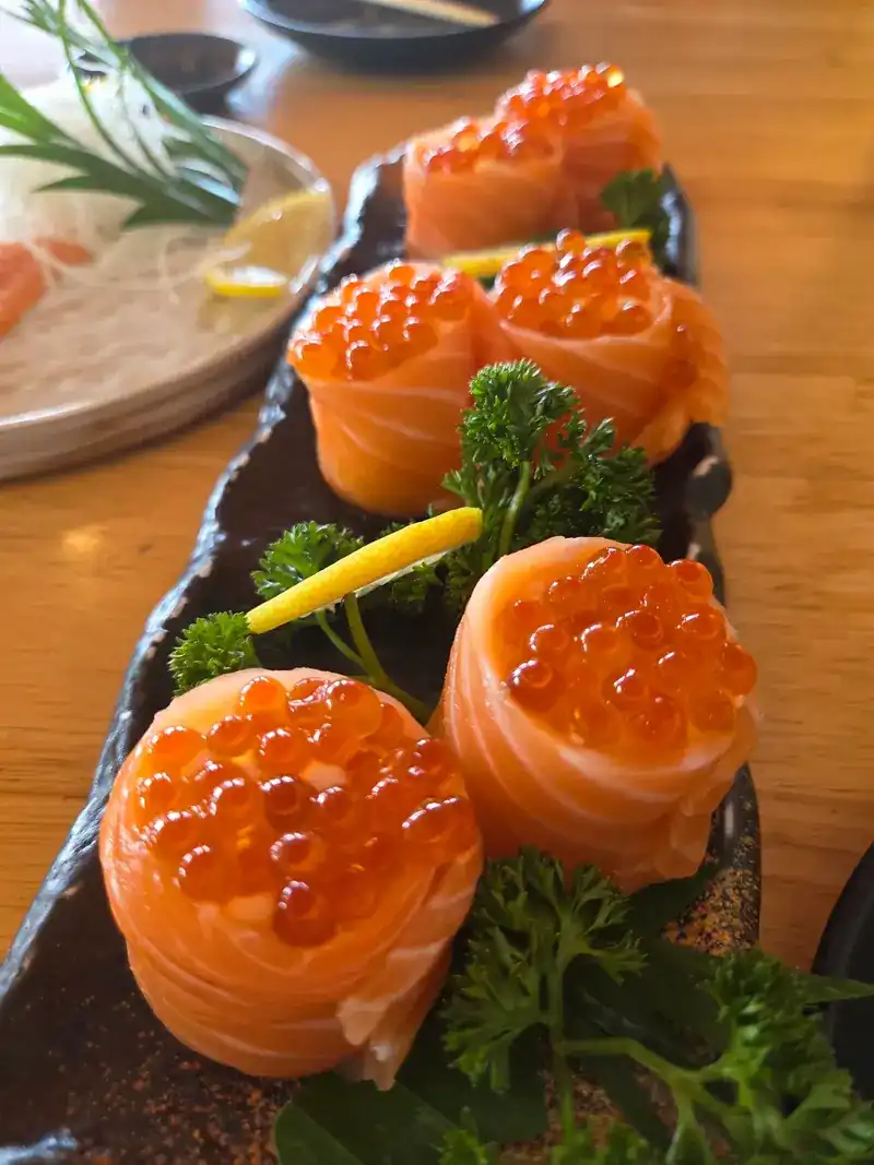 Salmon roses topped with salmon roe
