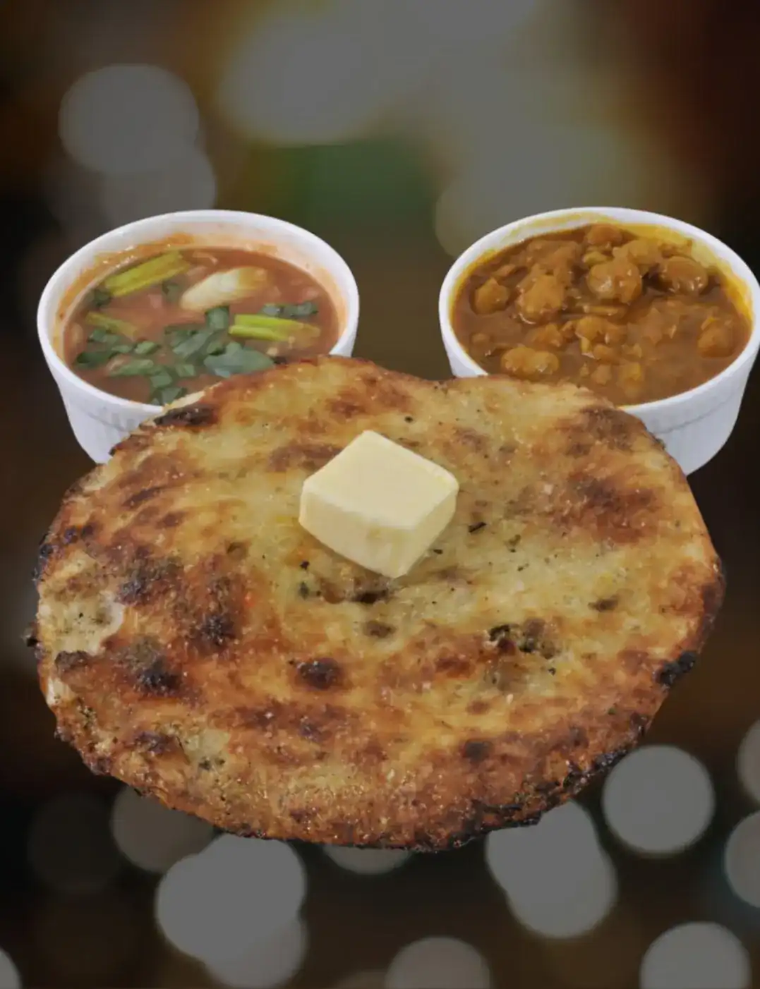 A crisp, charred stuffed flatbread with a cube of butter melting on top and two bowls of curry behind it