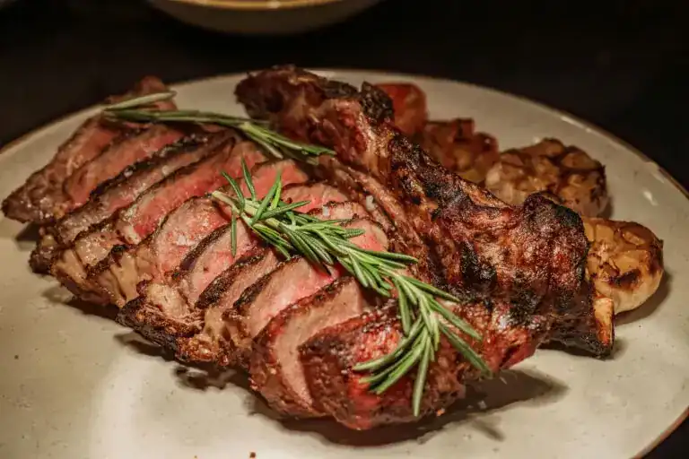 Sliced charcoal-grilled steak on the bone with rosemary and roasted garlic