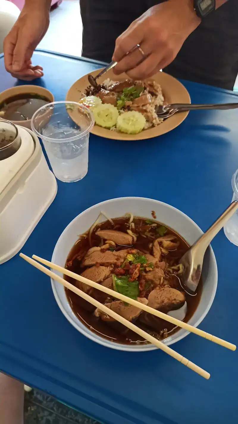 A table from above: duck noodles with chopsticks and a plate of duck on rice