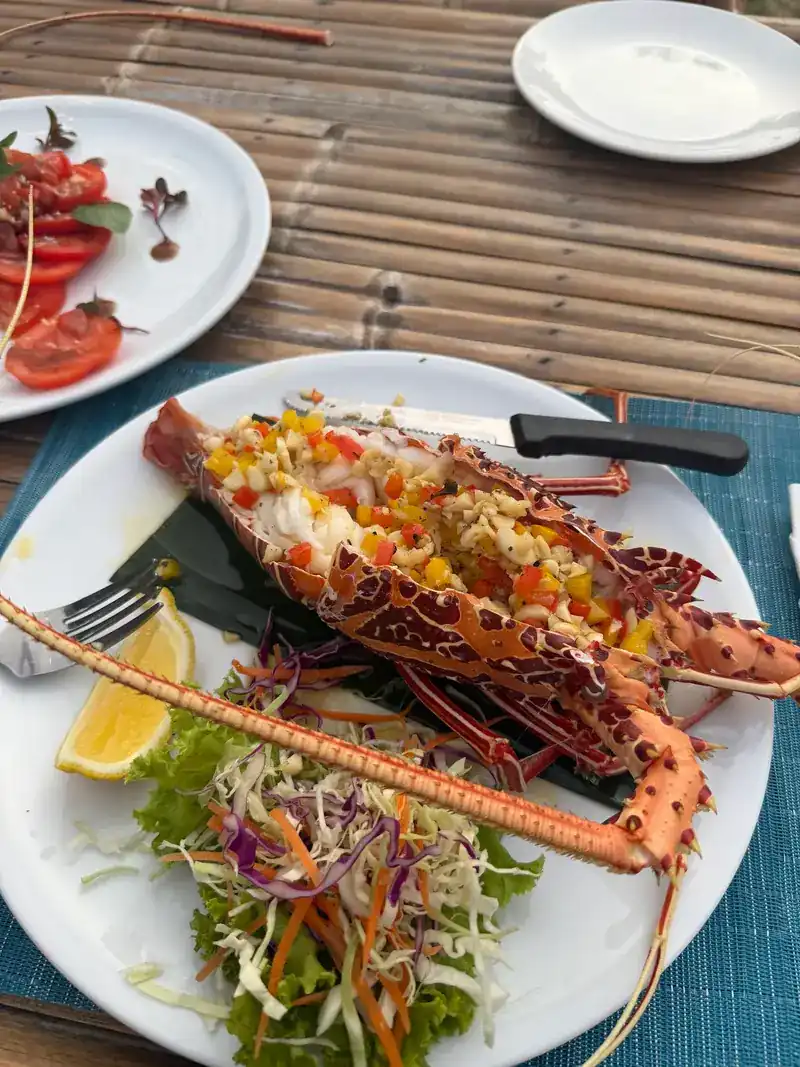 A split lobster with salad and a wedge of lemon