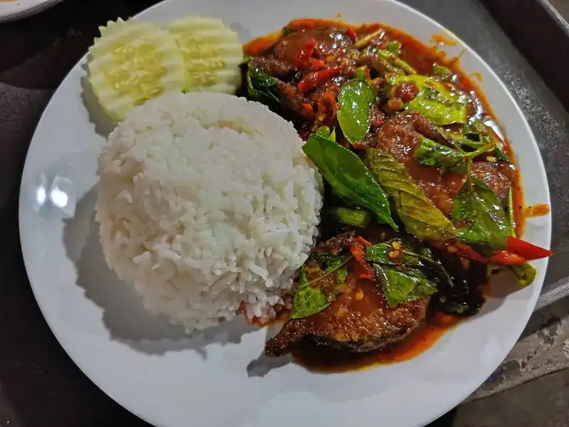 Fish fried with red chilli paste and herbs, with rice and cucumber / ปลาผัดเผ็ดกับข้าวสวยและแตงกวา