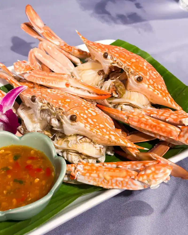 Steamed blue crabs with a chilli seafood dipping sauce