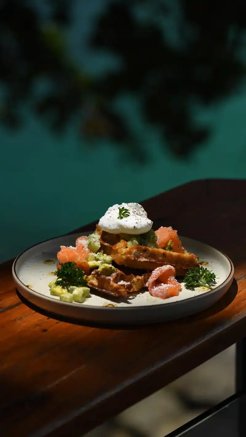Savory waffles with poached egg, smoked salmon and avocado on a plate