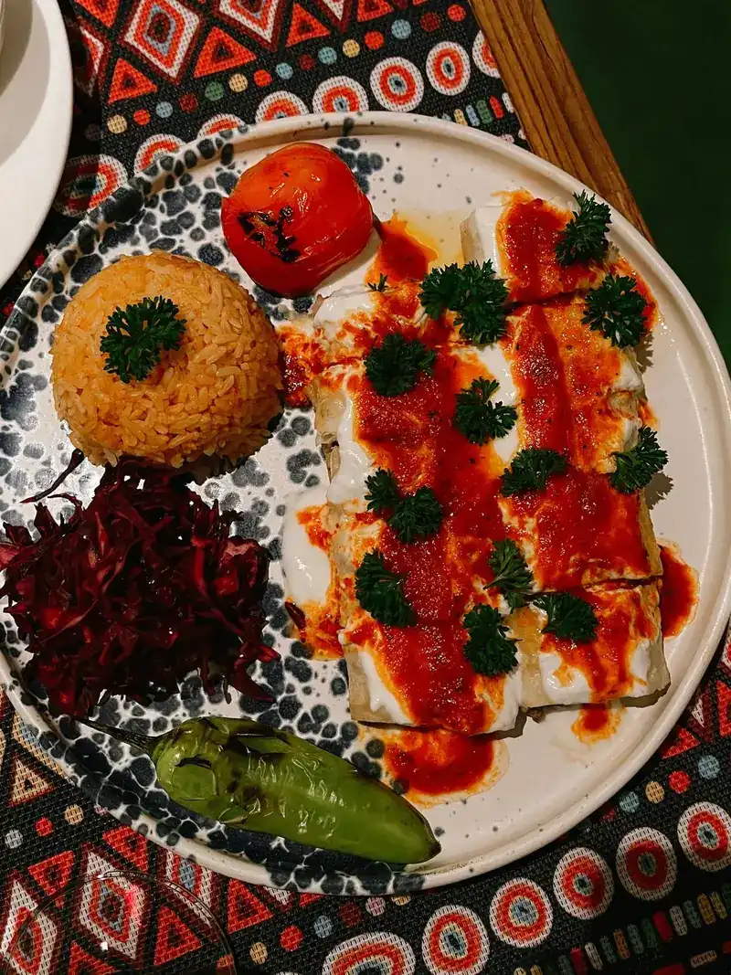 Beyti kebab with tomato sauce, rice and red cabbage