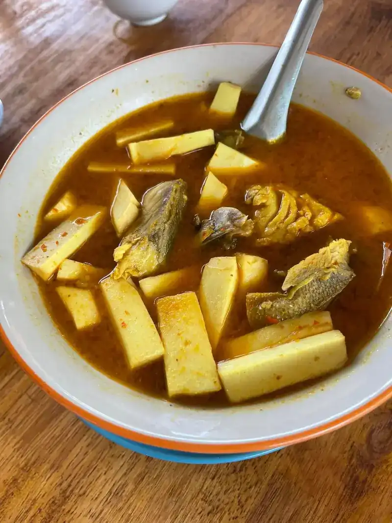 Curry with pieces of fish and bamboo shoots in a bowl