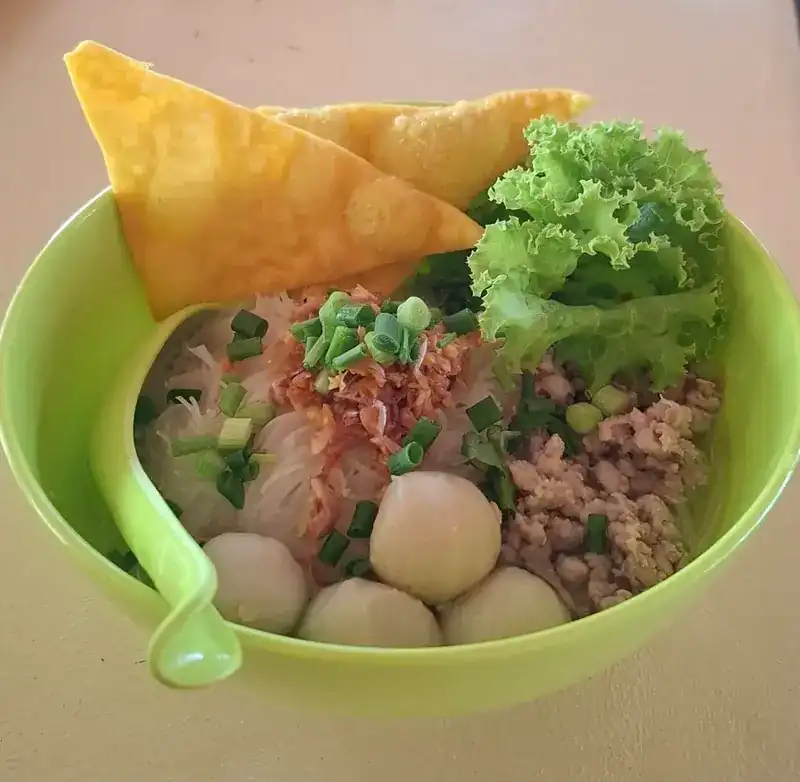 Dry noodles in a green bowl with crispy fried wonton, balls, spring onion and lettuce