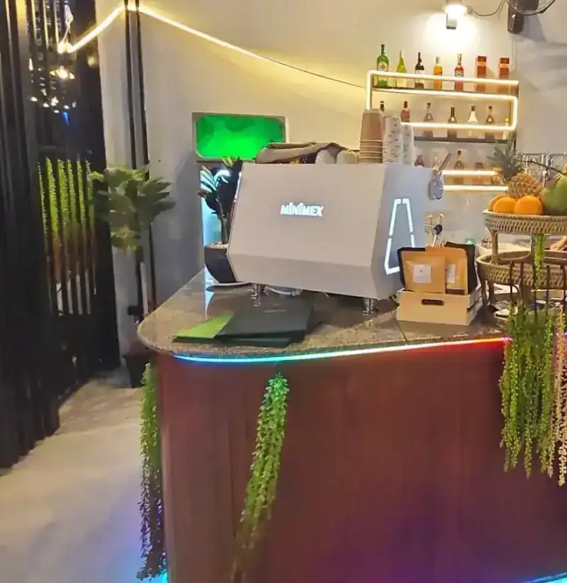 The coffee bar: espresso machine and a fruit basket on the curved counter