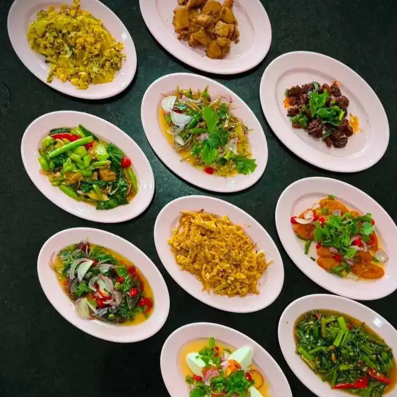 Pink plates of dishes laid out on green, seen from above