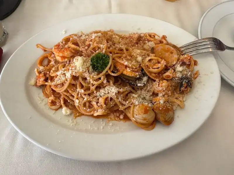 Spaghetti with seafood in tomato sauce