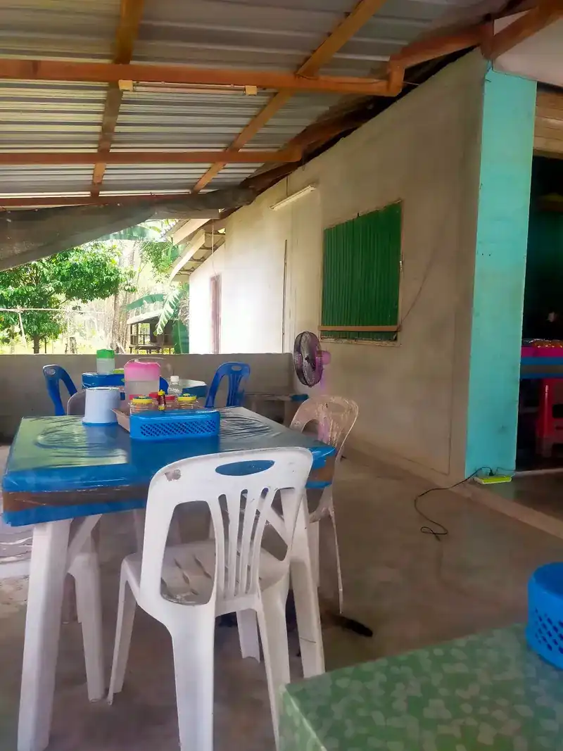 Tables and plastic chairs under a metal roof, a standing fan and trees beyond the wall / โต๊ะและเก้าอี้พลาสติกใต้หลังคา พัดลมตั้งพื้น และต้นไม้หลังกำแพง