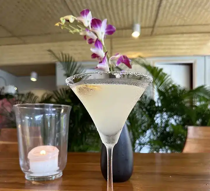A pale cocktail in a martini glass with an orchid
