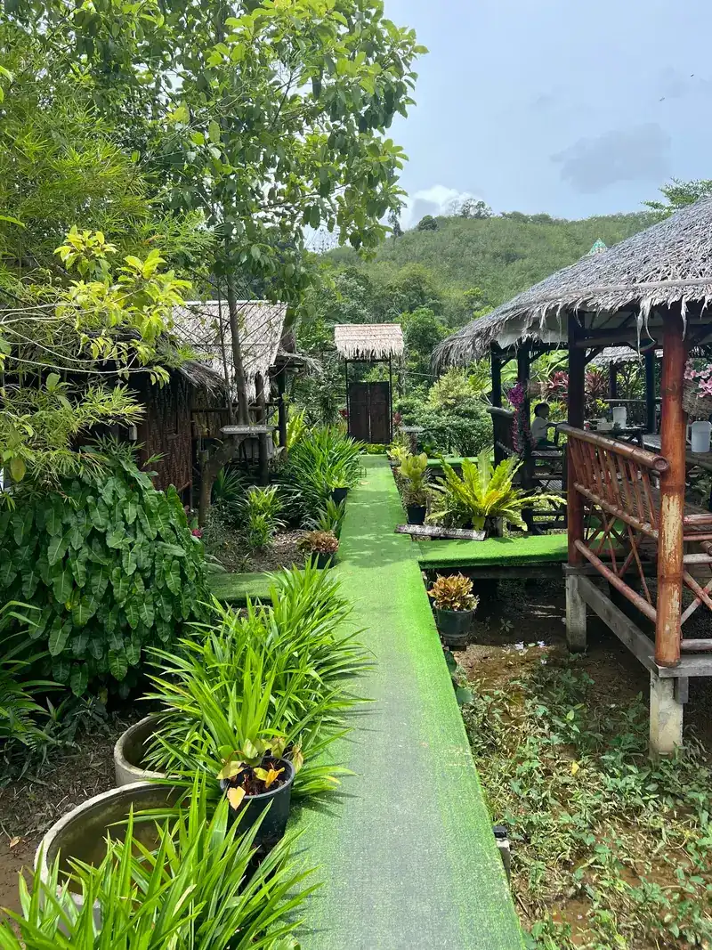 A green path through the garden to the thatched salas / ทางเดินสีเขียวในสวนไปยังศาลามุงจาก