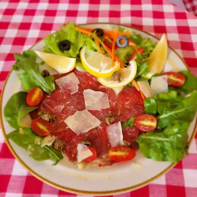 Beef carpaccio with parmesan shavings, lemon and salad leaves on a red check cloth
