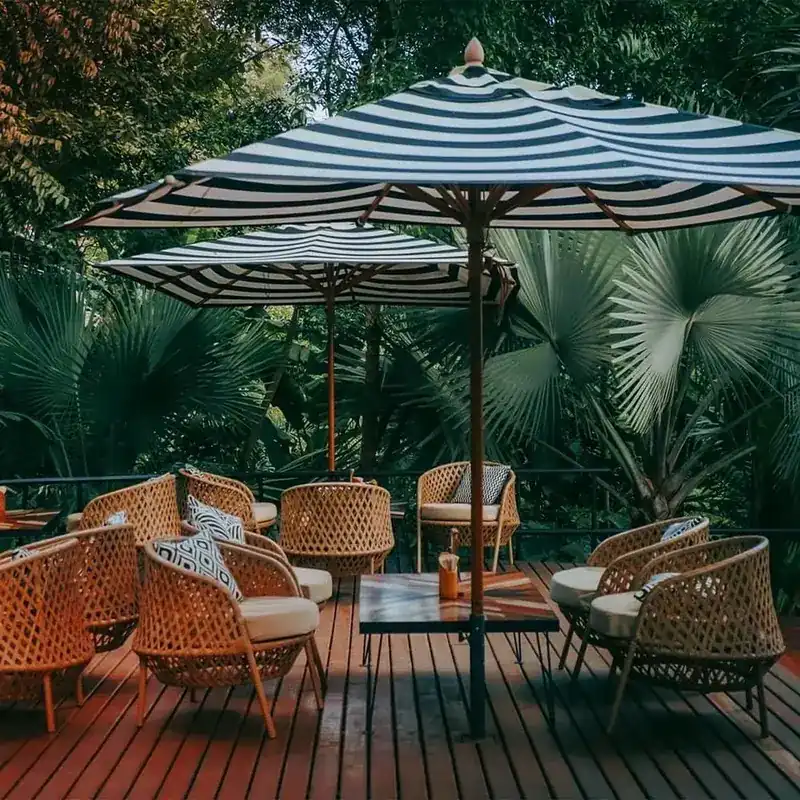 Striped parasols over woven chairs on a deck, fan palms behind