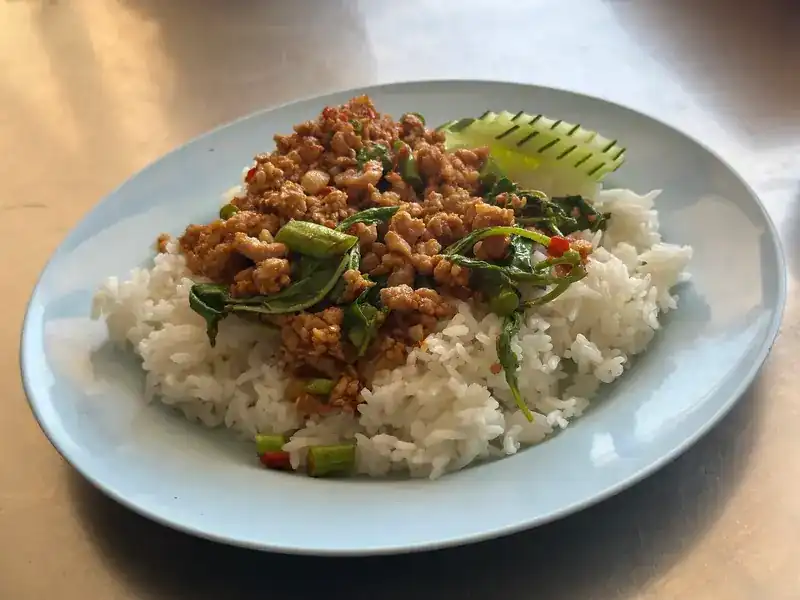 Minced pork stir-fried with holy basil, over rice / ข้าวกะเพราหมูสับ