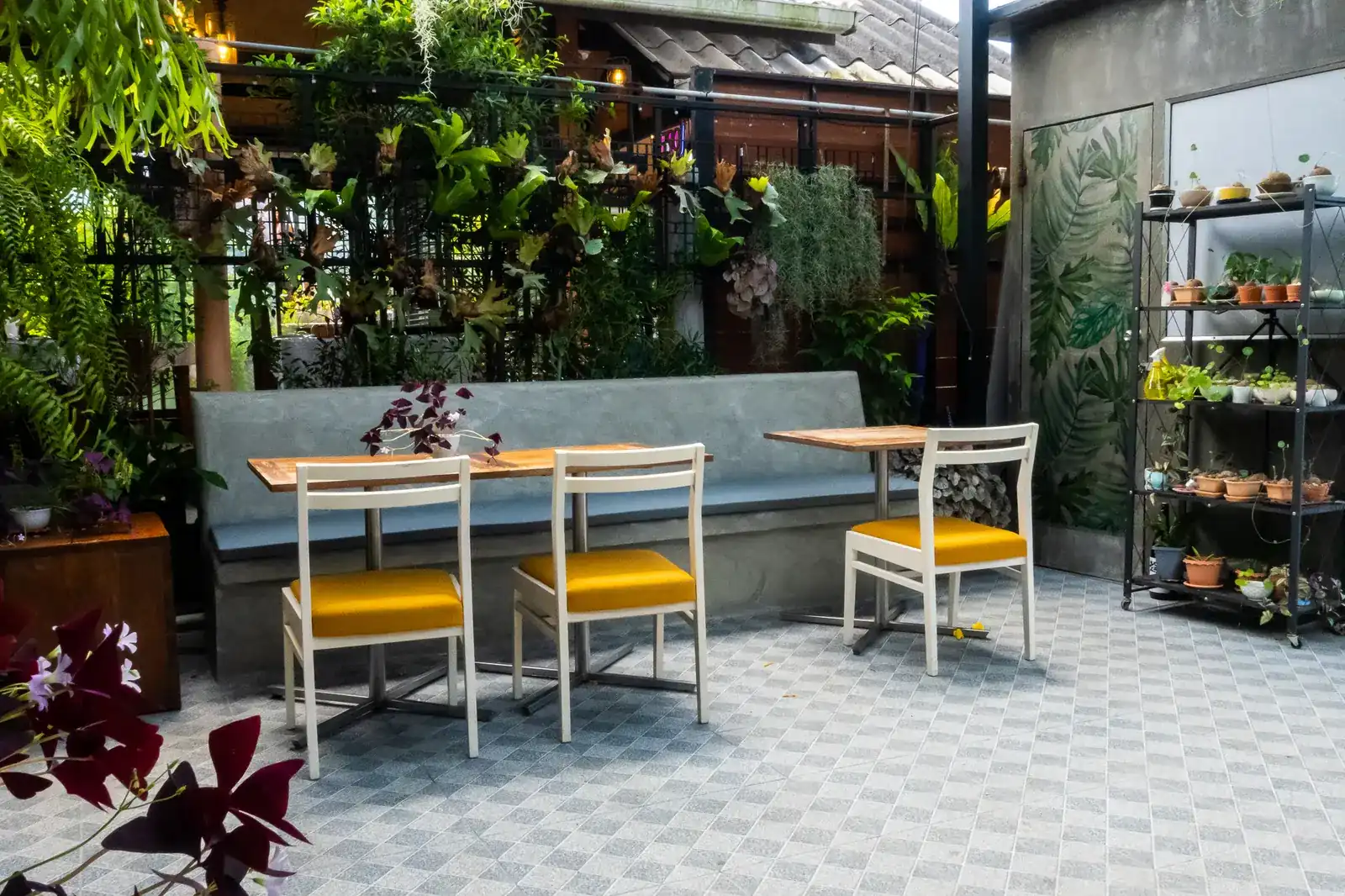 Garden terrace: white chairs with yellow cushions at wooden tables, a concrete bench and a wall of plants