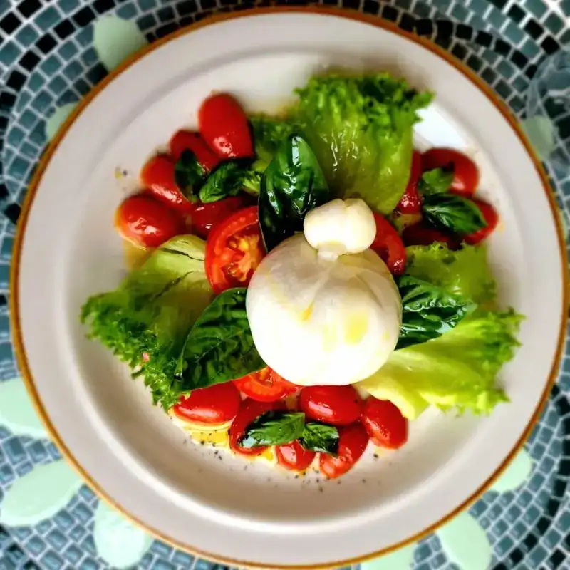 A ball of burrata on lettuce with cherry tomatoes and basil