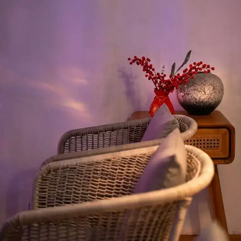 A rope armchair and a vase of red berries against a wall washed in violet evening light
