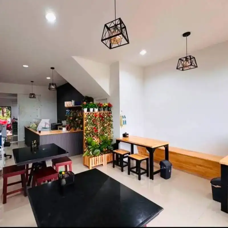 The dining room: black tables, wooden benches, plants on a lattice and lamps in wire frames