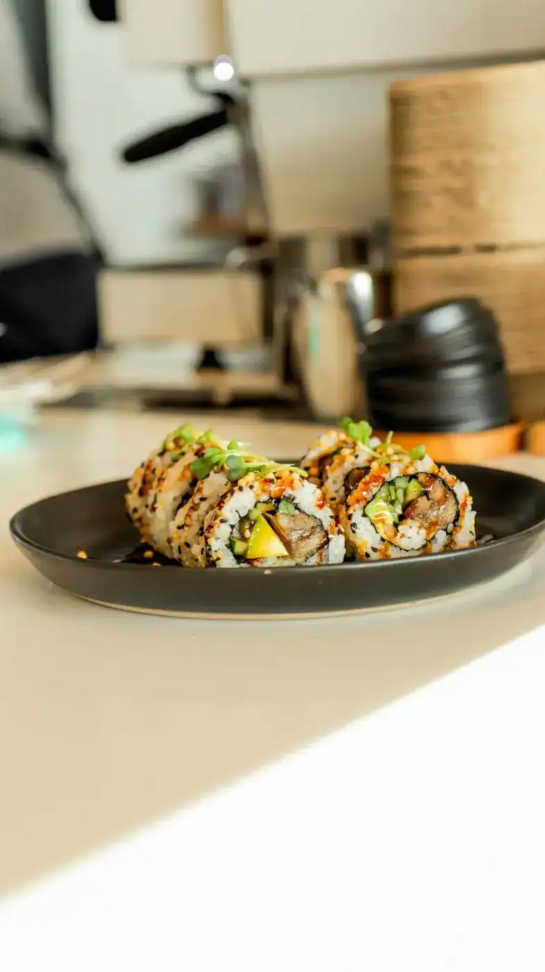 Plant-based sushi rolls on a black plate at the counter