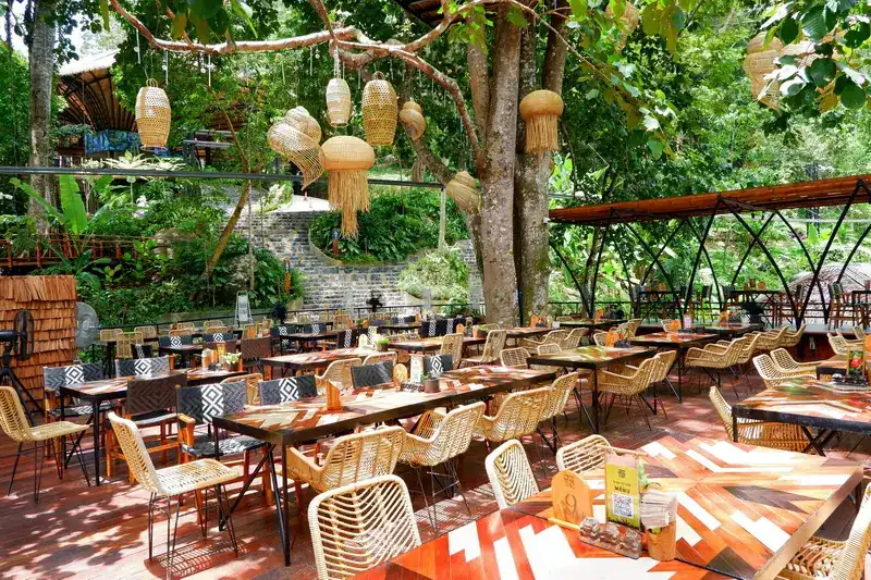 Long tables and rattan chairs on a deck under a big tree hung with woven lanterns