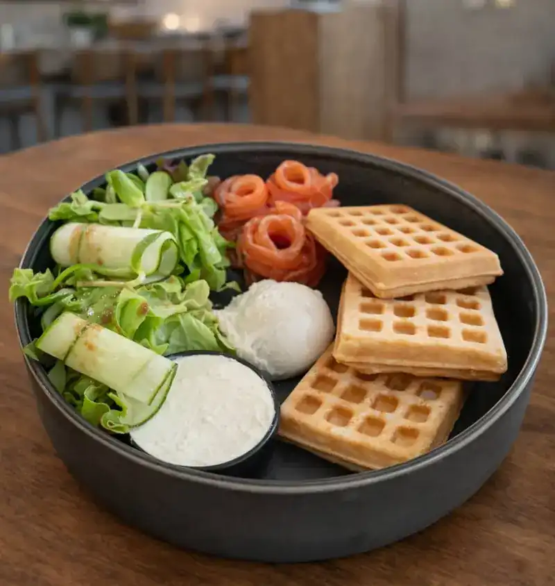 Potato waffles with salted salmon roses, a poached egg, cream cheese and salad