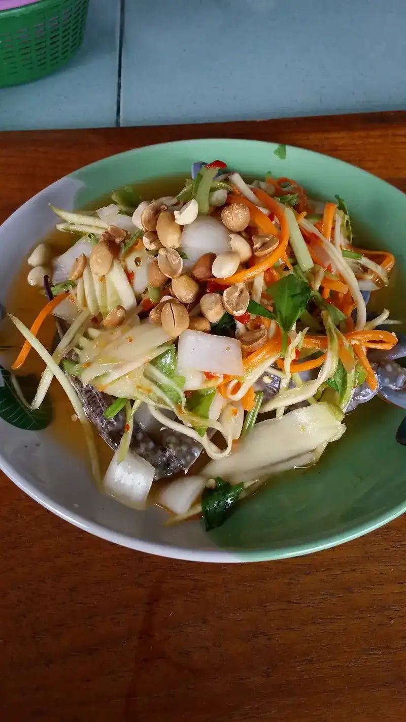 Papaya salad with shredded green papaya, carrot and peanuts on a green-rimmed plate