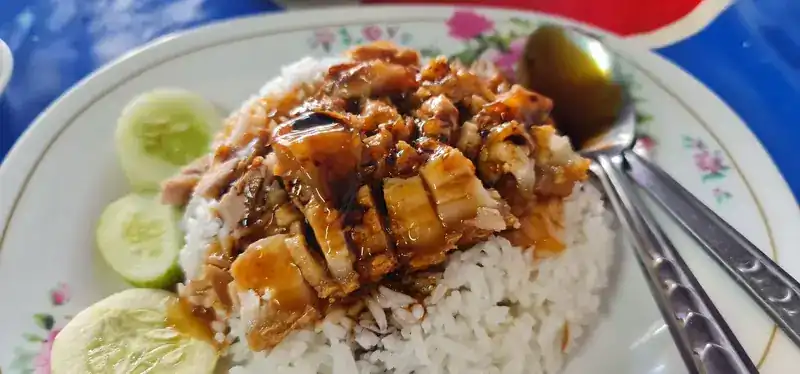 Sliced roast meat with a dark gravy over rice, with cucumber