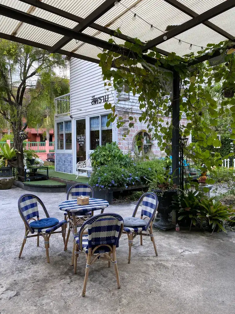 Chairs in blue gingham under a vine-covered pergola, with the white wooden house behind