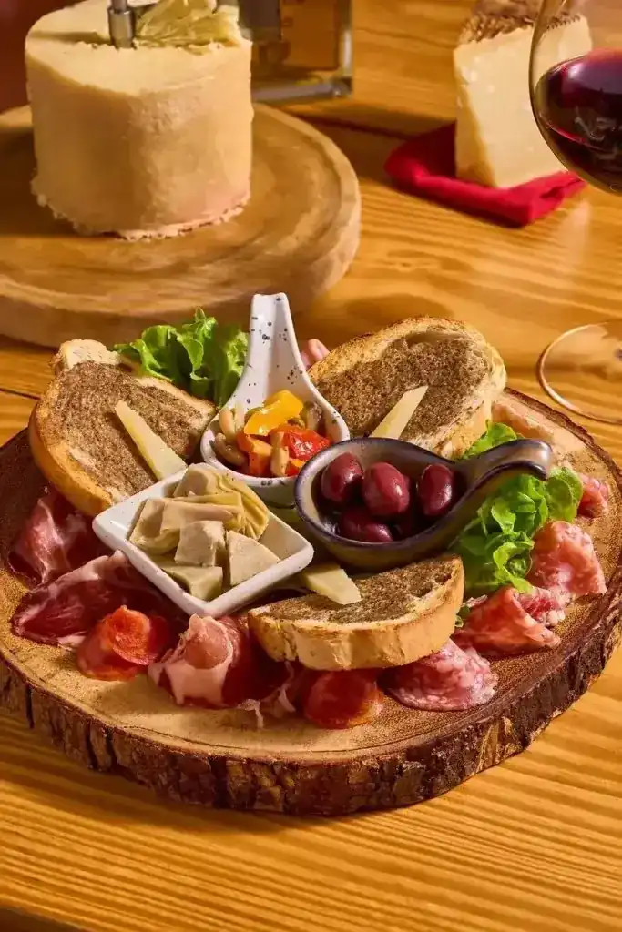 A board of cured meats, cheese, olives and toasted bread