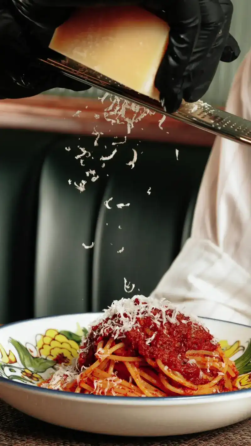 Parmesan grated over a bowl of spaghetti in tomato sauce
