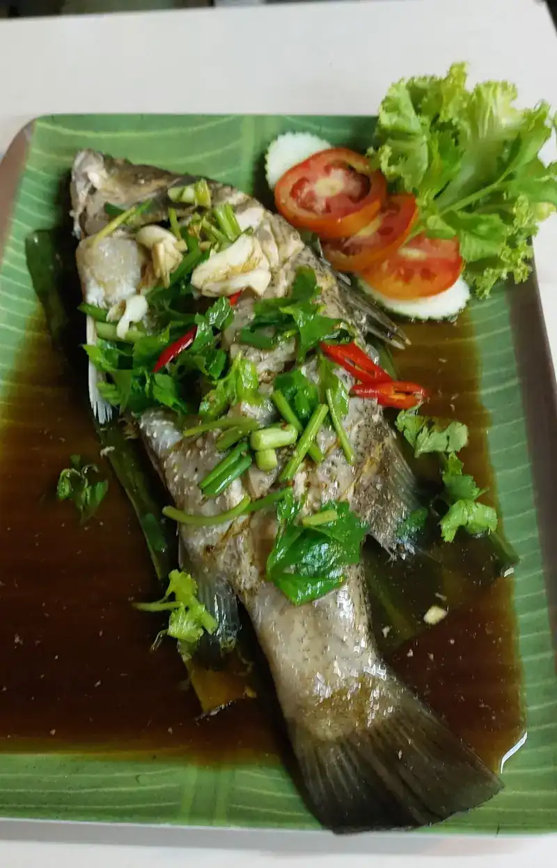 A whole steamed fish in a dark sauce, topped with chilli and herbs, with lettuce and tomato