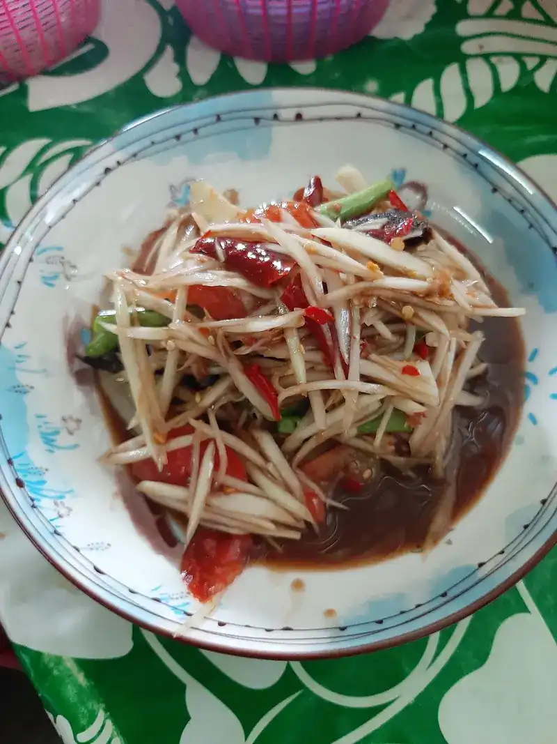 Green papaya salad with tomato and dried chilli in a blue-rimmed bowl