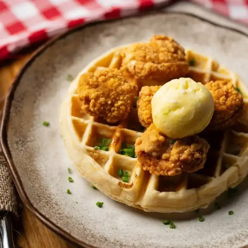 Fried chicken on a waffle with a scoop of butter