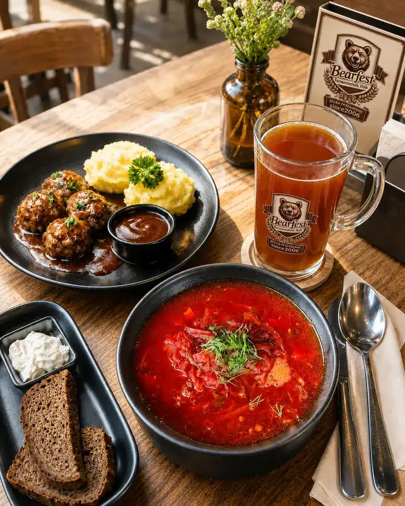 A wooden table at Bearfest set with a bowl of red beetroot soup, meatballs with mashed potato, dark rye bread and a glass mug carrying the Bearfest bear
