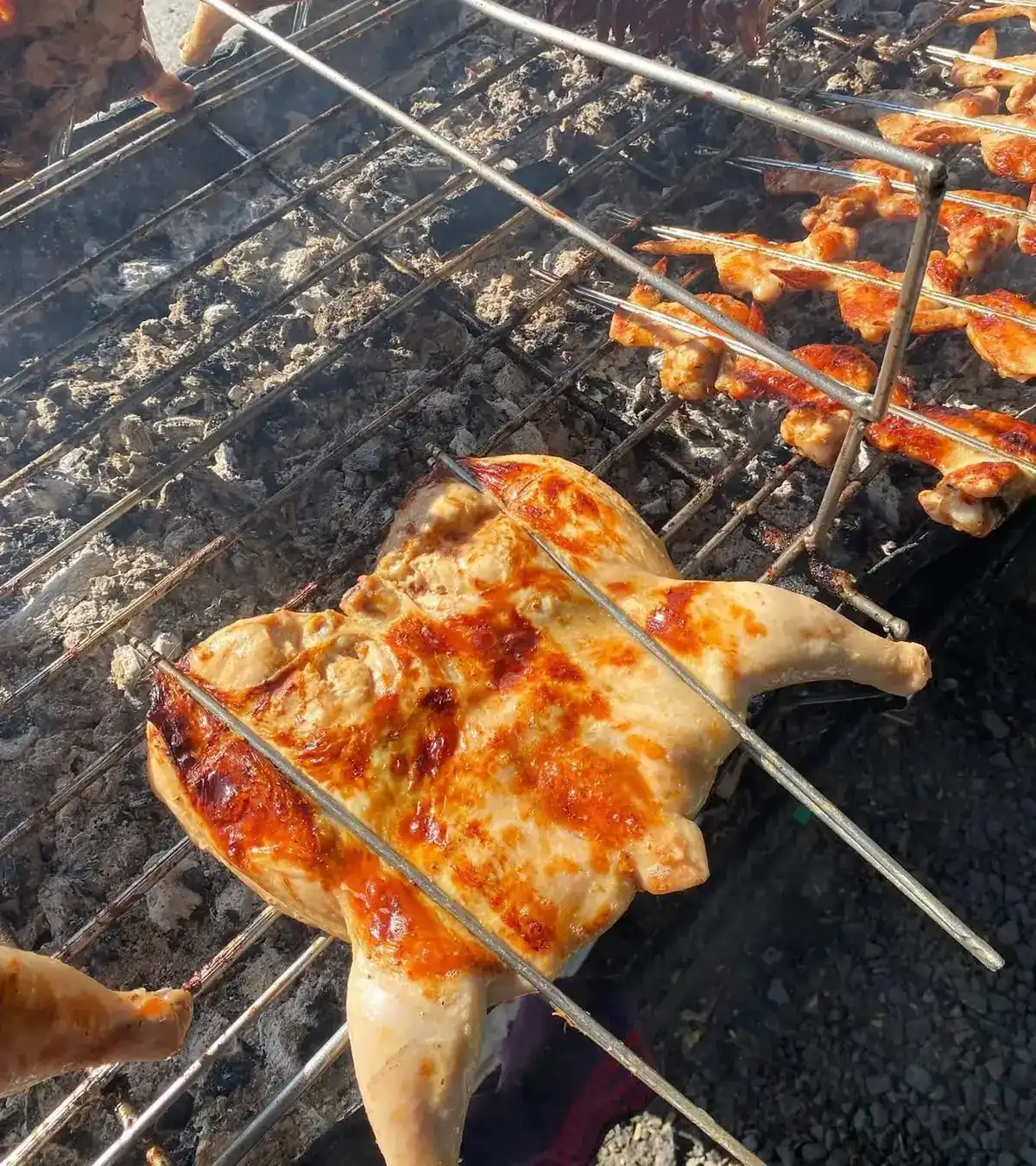 A whole chicken opened flat in a wire clamp over charcoal, with skewers of wings grilling behind it