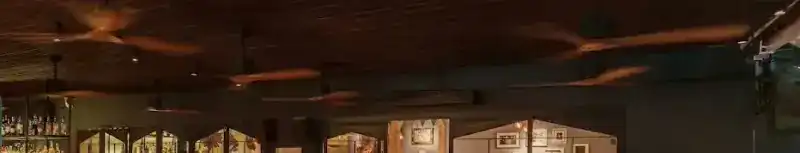 Lit cabinets of bottles and slow ceiling fans over the room