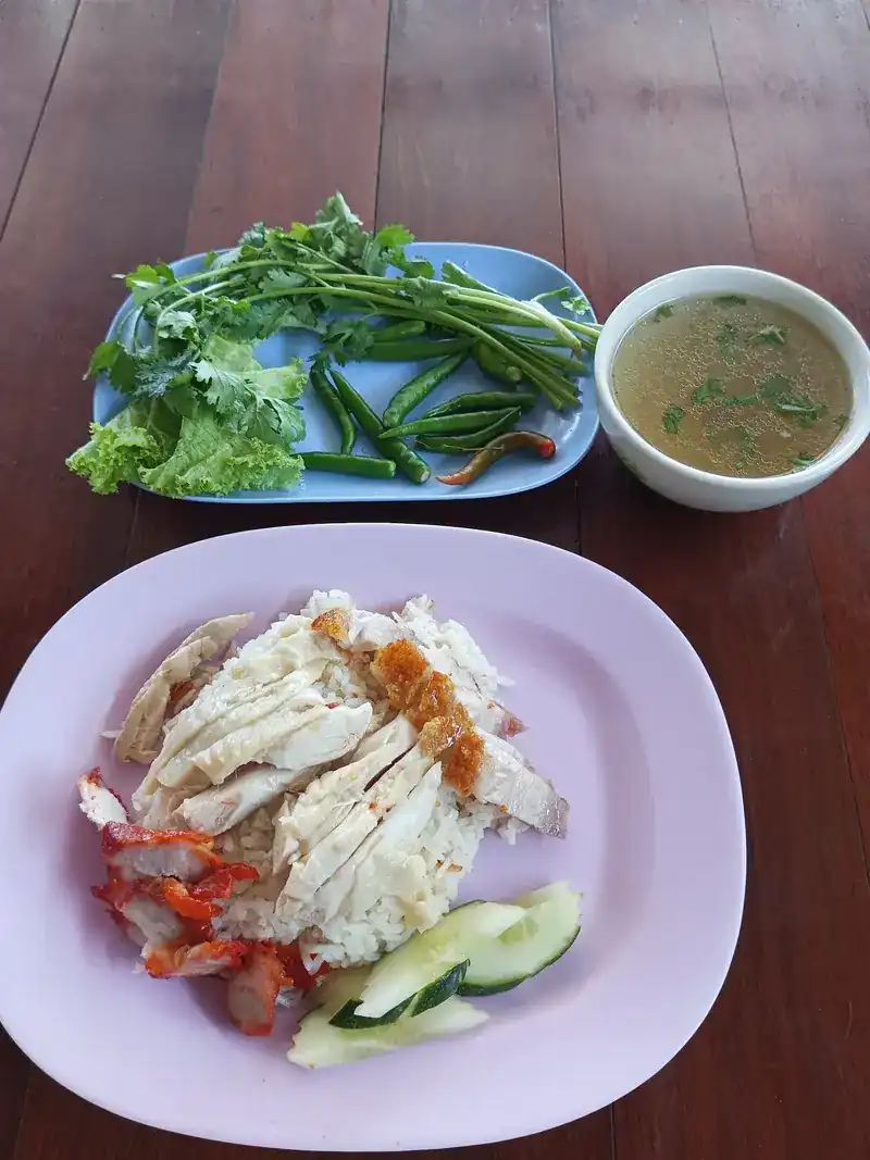 Sliced chicken and red pork on rice with cucumber, clear soup and fresh greens